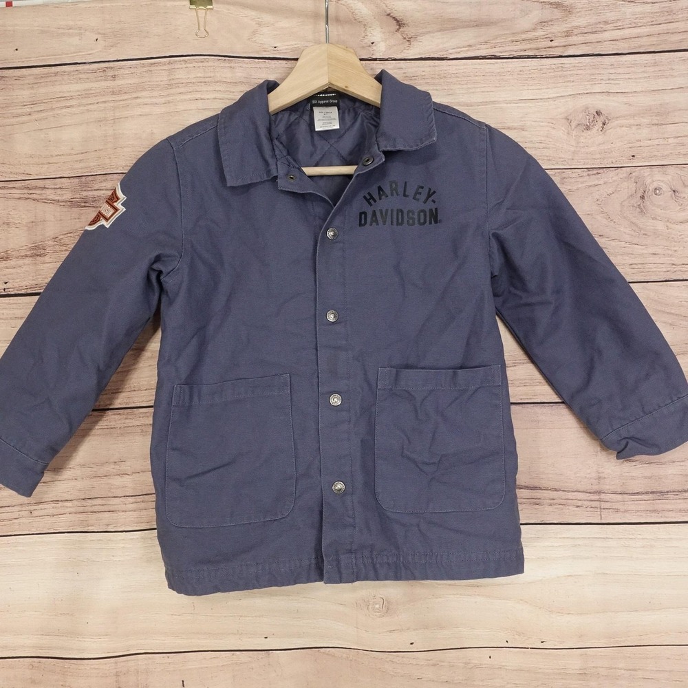 Harley-Davidson Jacket Kids 6/7 Blue Canvas Snap Front Lined Graphic Logo